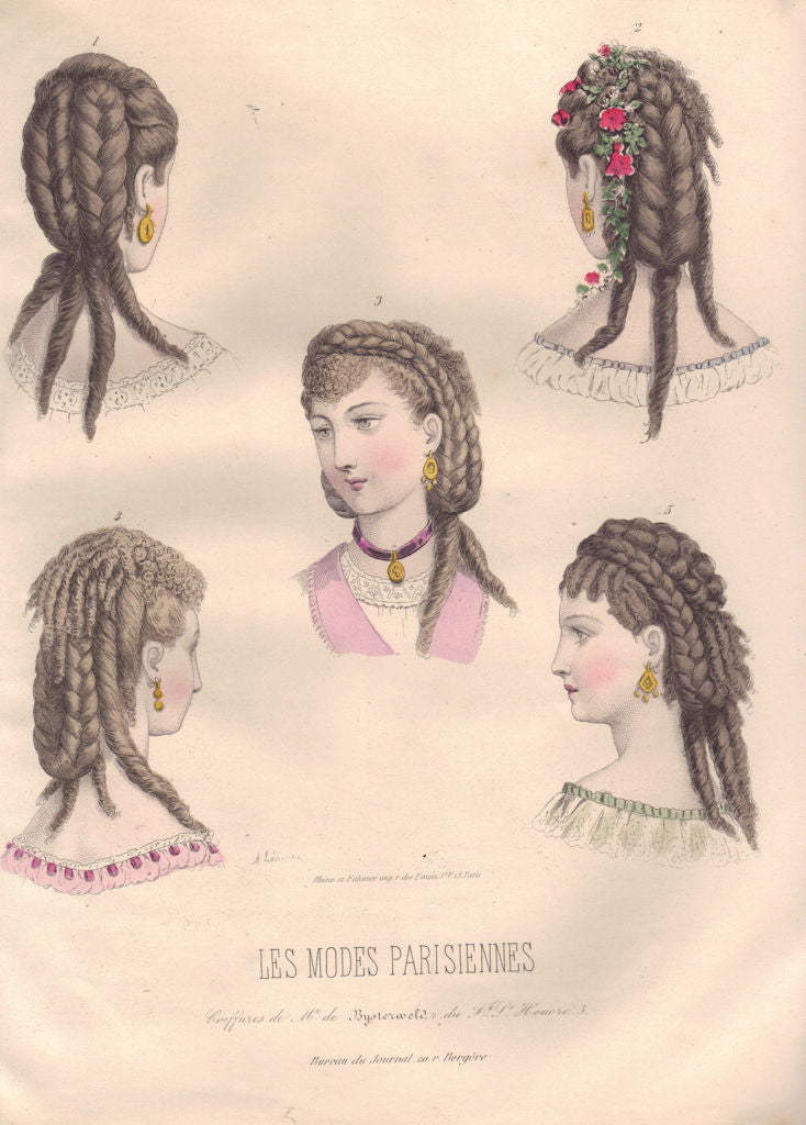 FASHION. Parisian ladies hair arrangements 1869 old antique print picture